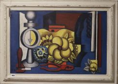 After Fernand Leger, oil on board, Still life, bear initials, 50 x 75cm