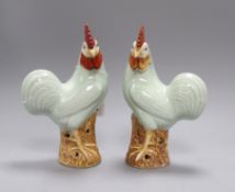 A pair of Chinese celadon chickens height 25cm