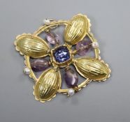 A continental Arts & Crafts style yellow metal, gem and baroque pearl set openwork pendant brooch,