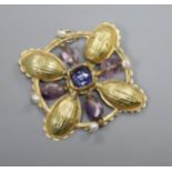 A continental Arts & Crafts style yellow metal, gem and baroque pearl set openwork pendant brooch,