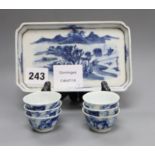 Six 19th century Chinese blue and white 'horses' tea bowls and a later blue and white tray length