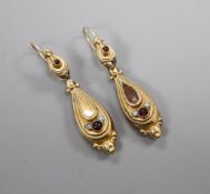 A pair of Victorian yellow metal and cabochon gem set drop earrings (one a.f.), 29mm.
