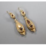 A pair of Victorian yellow metal and cabochon gem set drop earrings (one a.f.), 29mm.