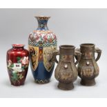 Two Japanese cloisonne enamel vases and a pair of Japanese bronze and champleve enamel vases (4)