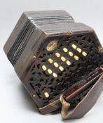 A Lachenal & Co mahogany concertina squeeze box, c. 1900-10, 30 bone keys, blade leatherette