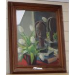 G.D. Watton, oil on canvas, Still life of an African mask and white tulips, signed, 52 x 42cm