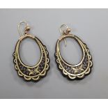 A pair of Victorian tortoiseshell and yellow metal pique loop earrings, 39mm.