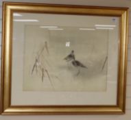 Japanese School, watercolour on silk, Sandpipers and bamboo, signed, 50 x 66cm