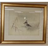 Japanese School, watercolour on silk, Sandpipers and bamboo, signed, 50 x 66cm