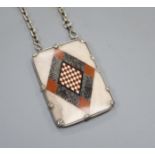 A white metal mounted pietra dura plaque pendant choker necklace, plaque 68mm.