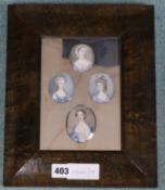 18th century Continental School, four gouache on vellum? miniatures, portraits of ladies, one