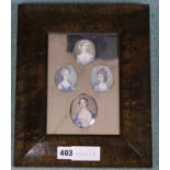 18th century Continental School, four gouache on vellum? miniatures, portraits of ladies, one