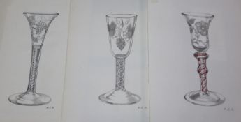 A.E.P., a folio of watercolours depicting 18th century cordial glasses, 28 x 19cm