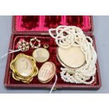 Two 9ct gold and pearl openwork brooches, a 9ct gold-mounted cameo brooch and four other items, an