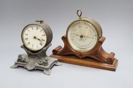 A Victorian Negretti and Zambra lacquered brass desk barometer thermometer on walnut stand and a