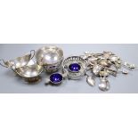 A mixed group of assorted silver including flatware, a sugar bowl and two pairs of salts,