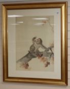 Japanese School, watercolour silk, Monkey holding a dragonfly, 50 x 70cm