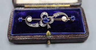 A Victorian, yellow metal, sapphire and diamond set 'clover' bar brooch, 41mm.