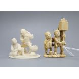 Two Japanese ivory okimono netsuke of street sellers, Meiji period tallest 6cm