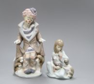 A Lladro porcelain clown and one other of a girl tallest 25cm