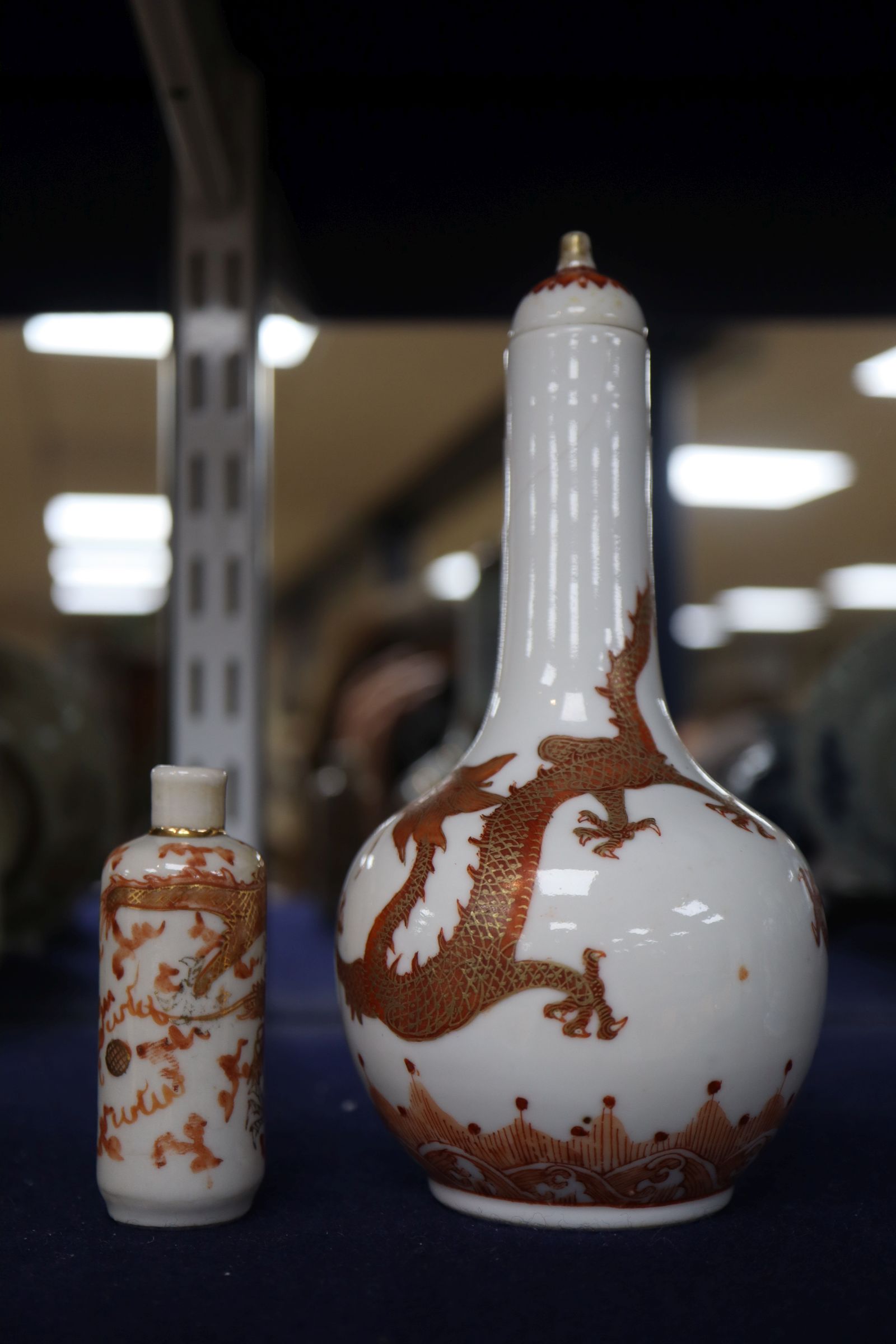 A Chinese rouge de fer and gilt 'dragon' snuff bottle vase and cover and a snuff bottle, late 19th - Image 4 of 8