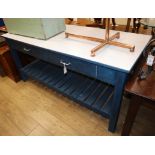 A blue painted kitchen island / table W.183cm