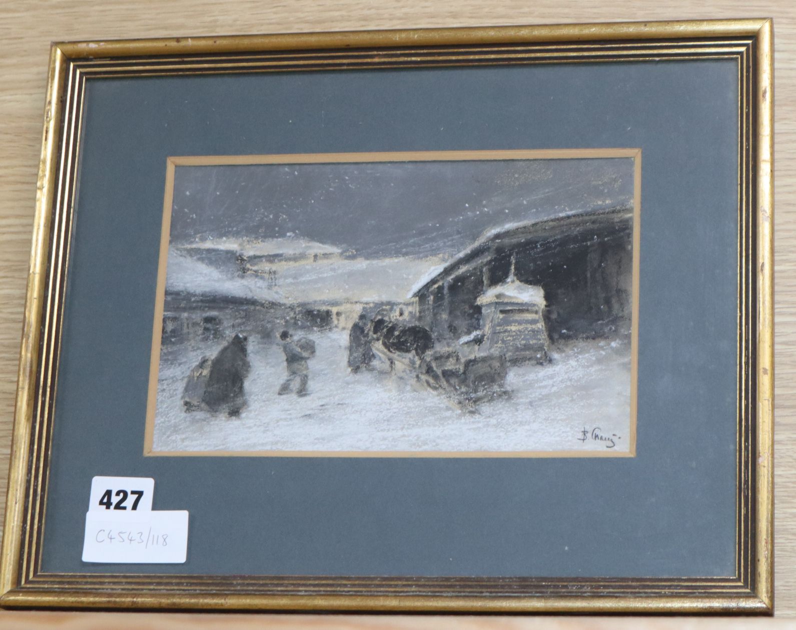 Russian School, pastel on paper, Figures loading a troika, indistinctly signed,14.5 x 23cm