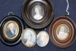A group of five assorted 18th / 19th century miniatures, largest 4 x 3cm