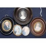 A group of five assorted 18th / 19th century miniatures, largest 4 x 3cm