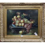 J* Hamilton (20th century), oil on board, still life of mixed fruit on a ledge, signed, 49 x 59cm