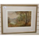 Thomas Tayler Ireland (Exh.1880-1921), watercolour, Lakeside woods, signed, 34 x 50cm