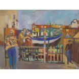 Derek Inwood (1925-2012), oil on canvas, 'Tudor figures by a boat', 90 x 120cm