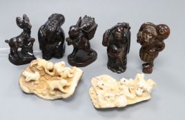 Two mammoth ivory carved groups and five wood netsuke (7)