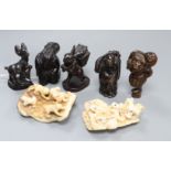 Two mammoth ivory carved groups and five wood netsuke (7)