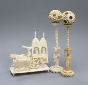 Two Chinese ivory puzzle balls and stands and an Indian ivory carriage group