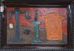 In the manner of C. Venard, oil on board, Still life, signed, 47 x 78cm