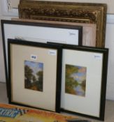 A Victorian gilt picture frame (now with mirror plate) and four pictures, various, including a