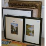 A Victorian gilt picture frame (now with mirror plate) and four pictures, various, including a