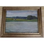 Russian School, oil on panel, Figures on a river bank, inscribed, 14 x 19cm