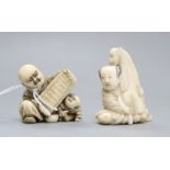 Two Japanese ivory netsuke, a boy with a hobby horse and a man and a boy, 19th century