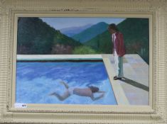 After David Hockney, oil on canvas board, Figure beside a swimming pool, 49 x 74cm