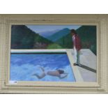 After David Hockney, oil on canvas board, Figure beside a swimming pool, 49 x 74cm