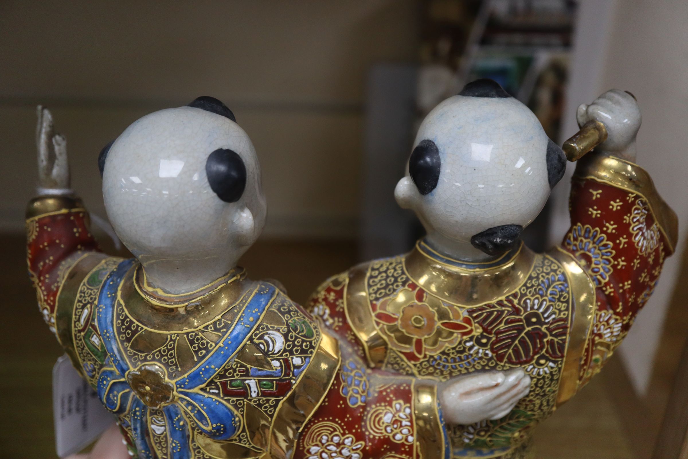 A Satsuma pottery group of two boys drumming height 28cm - Image 3 of 5