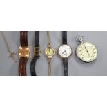 Two lady's 9ct gold wrist watches, one other 9ct gold wrist watch, a gold plated watch and a
