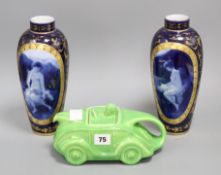 A pair of Vienna style blue lady vases and a Sadler green glazed teapot vases 25cm