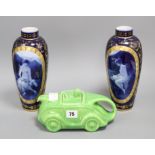 A pair of Vienna style blue lady vases and a Sadler green glazed teapot vases 25cm