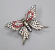 An 800 white metal and paste set butterfly brooch, 6cm.