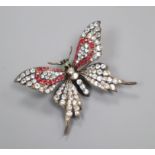 An 800 white metal and paste set butterfly brooch, 6cm.