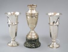 A pair of George V silver vases and an 800 standard trophy vase.