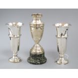 A pair of George V silver vases and an 800 standard trophy vase.